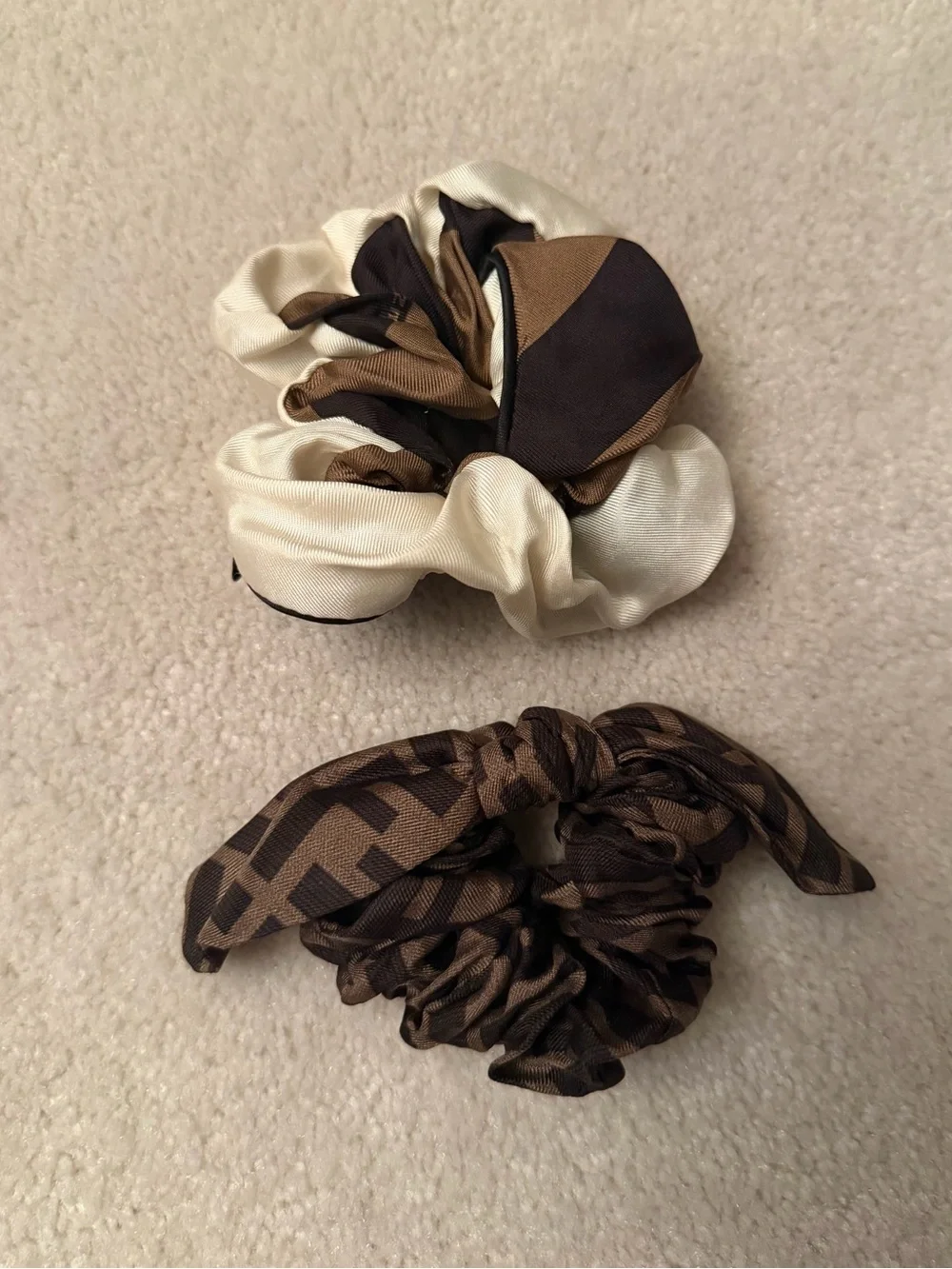 Fendi Silk Neutral Brown & Cream Scrunchie Set
